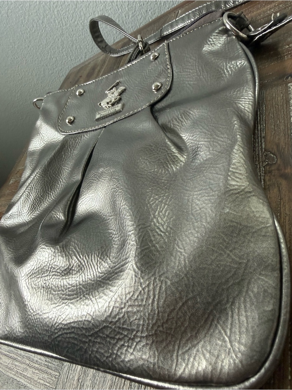 Beverly Hills Polo Club Metallic Gunmetal Crossbody Bag with print/ logo/ used - Picture 3 of 8